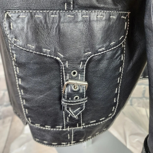Danier Black Leather Jacket Moto Style Buckle Flap Pockets XL Super Soft - Picture 8 of 14